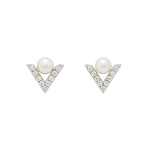 ต่างหูเงินชุบโรเดียมงานมงคล ไข่มุก1CZ ตัวV เปอร์เซ็น: งานเงิน 92.5%