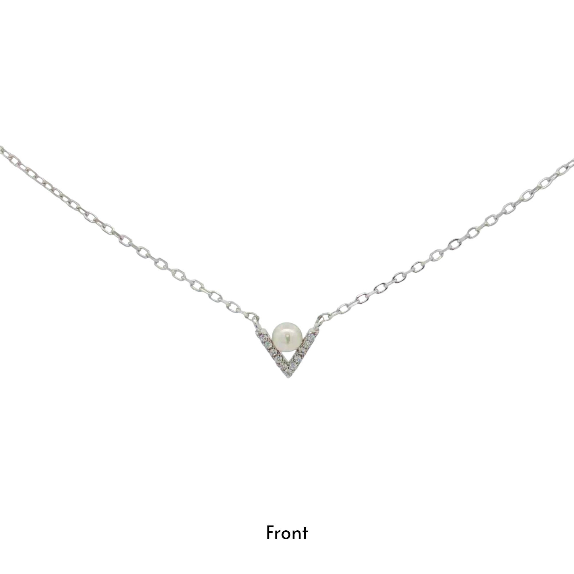 สร้อยคอเงินชุบโรเดียมงานมงคล ไข่มุก1CZ ตัวV เปอร์เซ็น: งานเงิน 92.5%