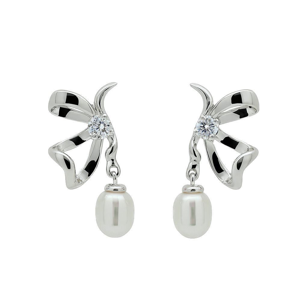 ต่างหูเงินชุบโรเดียมงานมงคล เปลือกมุกโบว์ เปอร์เซ็น: งานเงิน 92.5%