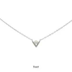 สร้อยคอเงินชุบโรเดียมงานมงคล ไข่มุก1CZ ตัวV เปอร์เซ็น: งานเงิน 92.5%