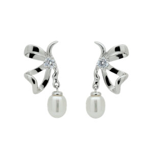 ต่างหูเงินชุบโรเดียมงานมงคล เปลือกมุกโบว์ เปอร์เซ็น: งานเงิน 92.5%